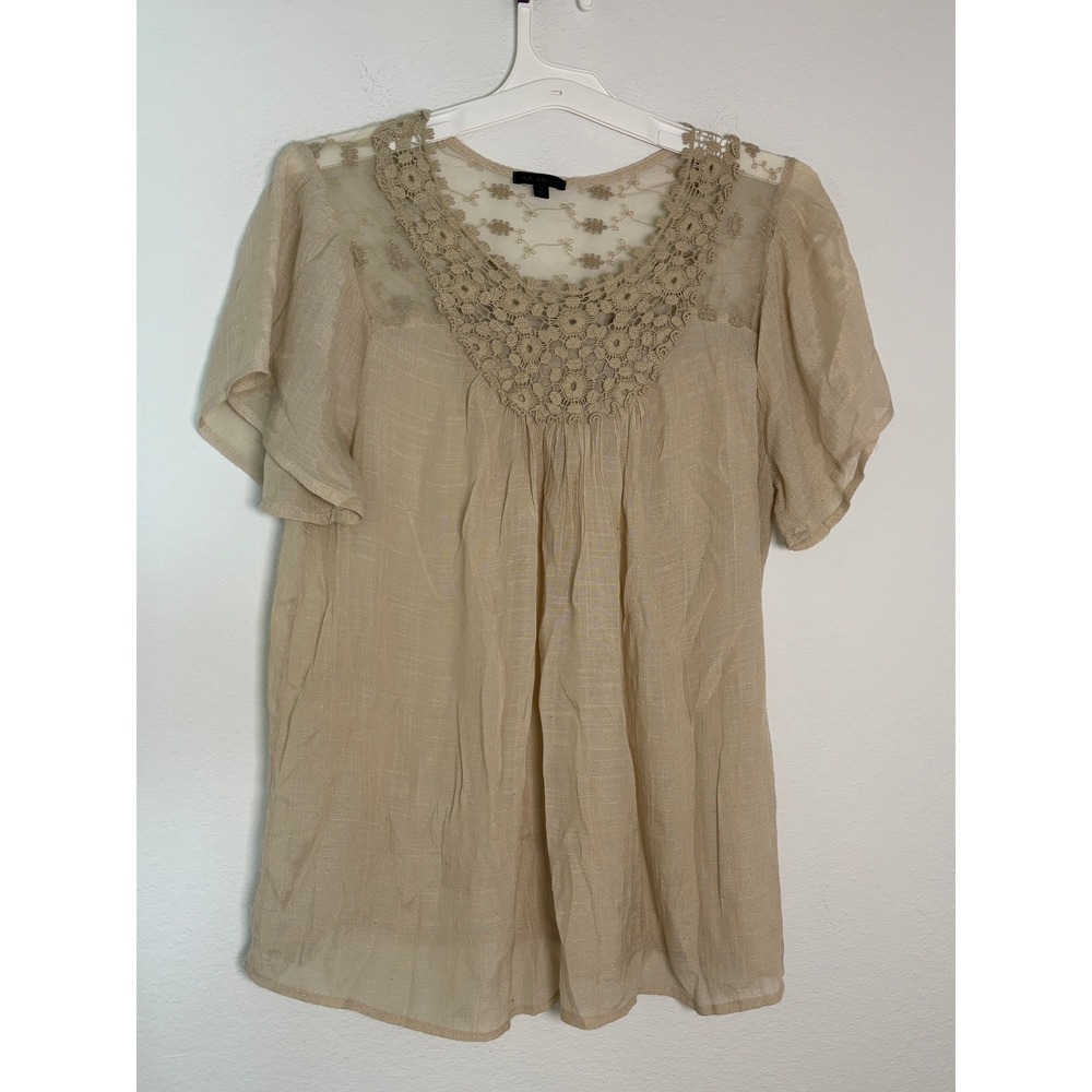 Hanna Tan Beige Crochet Lace Mesh Embroidered Boho Flutter Sleeve Blouse Large